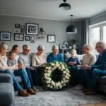 A family samles i en hyggelig stue på en regnvejrsdag omgivet af fotos og minder De bestiller en smuk begravelseskrans online for at ære deres elskedes minde i Sjælland