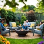 En familie nyder en hyggelig have med et legeområde siddepladser og et bålsted omgivet af frodig grøn beplantning og farverige blomster
